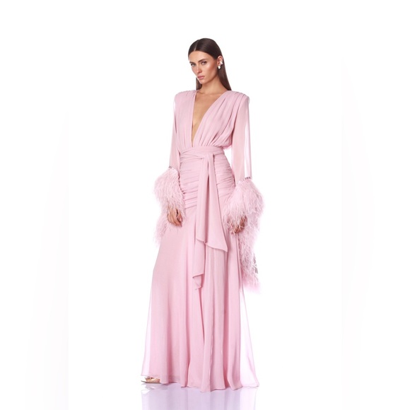 NWOT BRONX AND BANCO Geisha Pink Maxi Dress Elegant Feathered Gown - Picture 3 of 15